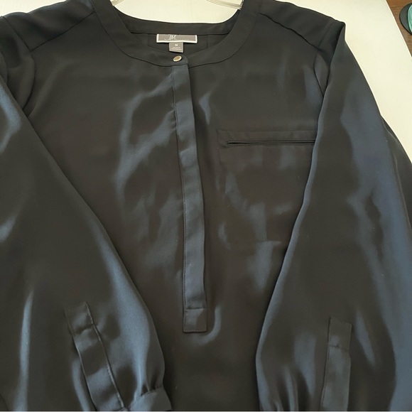 JM Collection Black Collarless Long Sleeve Silver Button Hidden Placket Blouse - Picture 8 of 15
